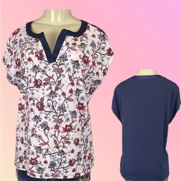 Marc New York L Pink Floral Split Neckline Navy Back Short Dolman Sleeve Blouse - Picture 1 of 6